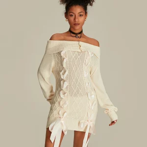 Off-Shoulder Cable Knit Sweater Dress | Women's Fairycore Aesthetic Fashion