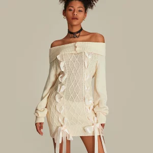 Off-Shoulder Cable Knit Sweater Dress | Women's Fairycore Aesthetic Fashion