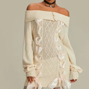 Off-Shoulder Cable Knit Sweater Dress | Women's Fairycore Aesthetic Fashion