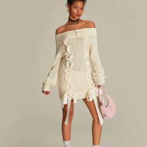 Off-Shoulder Cable Knit Sweater Dress | Women's Fairycore Aesthetic Fashion