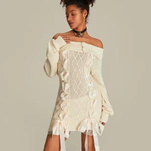 Off-Shoulder Cable Knit Sweater Dress | Women's Fairycore Aesthetic Fashion