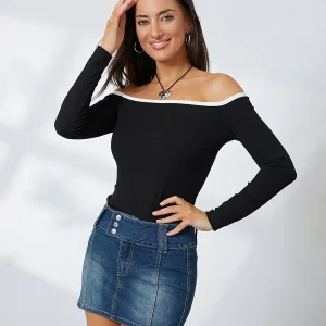 Off Shoulder Contrast Color Long Sleeve Women's Crop Top