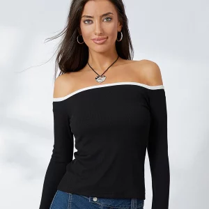 Off Shoulder Contrast Color Long Sleeve Women's Crop Top