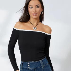 Off Shoulder Contrast Color Long Sleeve Women's Crop Top