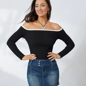 Off Shoulder Contrast Color Long Sleeve Women's Crop Top