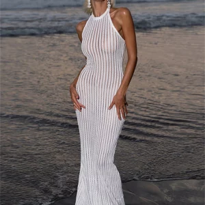 Off Shoulder Halter Maxi Dress for Beach Party - Women's Summer Fashion