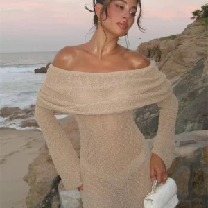 Off Shoulder Knitted Long Sleeve Beach Party Dress - Women's Summer Elegant Cover Up