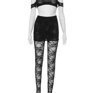 Off Shoulder Lace 2-Piece Set: Sexy See-Through Tank Top & Foot Pants - Night Club Outfit