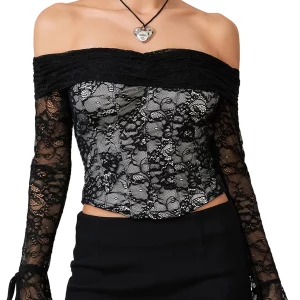 Off Shoulder Lace Boat Neck Crop Top for Women - Slim Fit Casual Spring/Fall Shirt