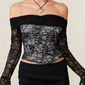 Off Shoulder Lace Boat Neck Crop Top for Women - Slim Fit Casual Spring/Fall Shirt