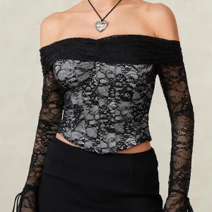 Off Shoulder Lace Boat Neck Crop Top for Women - Slim Fit Casual Spring/Fall Shirt