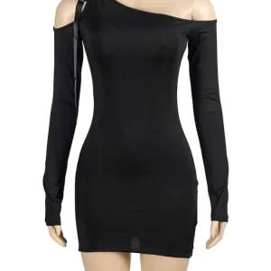 Off Shoulder Lace-Up Bodycon Mini Dress for Women | Sexy Skew Collar, Long Sleeve | 2024 Summer