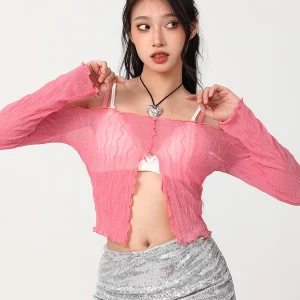 Off-Shoulder Mesh Sheer Long Sleeve Cropped T-Shirt