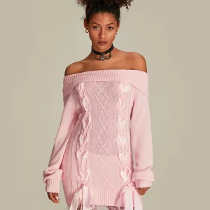 Off Shoulder Sweater Dress with Ribbon Tie-up - Women's Long Sleeve Cable Knit Pullover