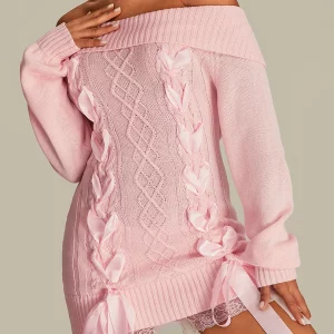 Off Shoulder Sweater Dress with Ribbon Tie-up - Women's Long Sleeve Cable Knit Pullover