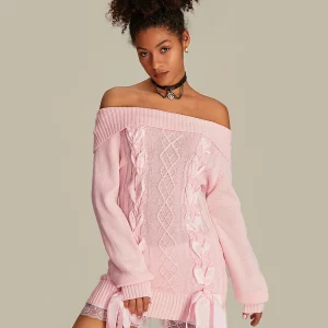 Off Shoulder Sweater Dress with Ribbon Tie-up - Women's Long Sleeve Cable Knit Pullover