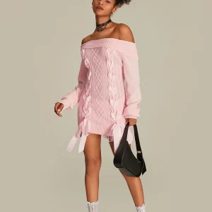 Off Shoulder Sweater Dress with Ribbon Tie-up - Women's Long Sleeve Cable Knit Pullover