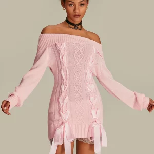 Off Shoulder Sweater Dress with Ribbon Tie-up - Women's Long Sleeve Cable Knit Pullover