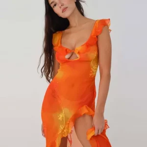 Orange Tie-Dyed Trailing Dress with Low-Cut Back and High Split - Summer Chic Party Robe