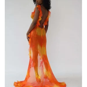 Orange Tie-Dyed Trailing Dress with Low-Cut Back and High Split - Summer Chic Party Robe