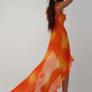 Orange Tie-Dyed Trailing Dress with Low-Cut Back and High Split - Summer Chic Party Robe