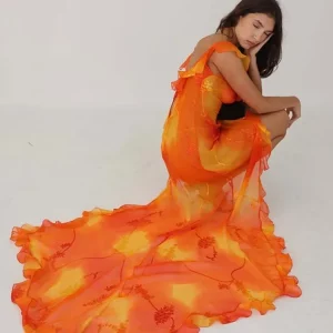 Orange Tie-Dyed Trailing Dress with Low-Cut Back and High Split - Summer Chic Party Robe