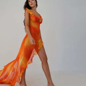 Orange Tie-Dyed Trailing Dress with Low-Cut Back and High Split - Summer Chic Party Robe