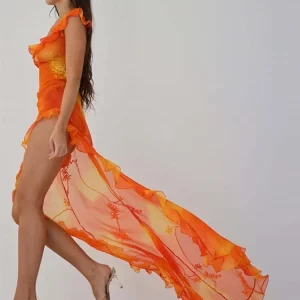 Orange Tie-Dyed Trailing Dress with Low-Cut Back and High Split - Summer Chic Party Robe