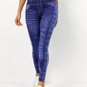 Patchwork High Waisted Plus Size Denim Leggings for Women