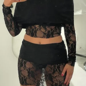 Patchwork Lace 2-Piece Set: Sexy Off-Shoulder Top & Mini Skirt for Women - Club Out