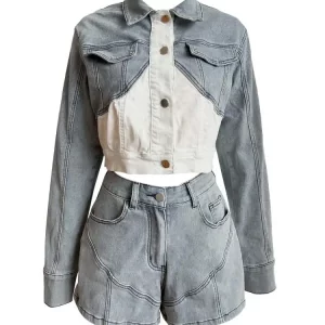 Patchwork Stretch Denim 2-Piece Set: Women's Sexy Lapel Button-Up Jacket & Shorts - 2024