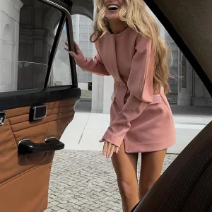 Pink Puff Sleeve Mini Dress for Women | Elegant Spring Fashion | Slim Fit Lady's Commuting Vestidos