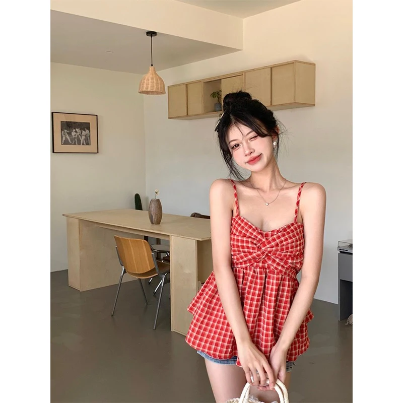 Plaid Camisole: Women's Sexy Bow Tank Top, Harajuku Style, Summer Fashion