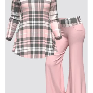 Plaid Flare Pant & Round Neck T-Shirt Set | Women's Spring Casual Fashion