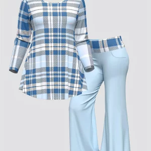 Plaid Flare Pant & Round Neck T-Shirt Set | Women's Spring Casual Fashion