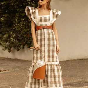 Plaid Fly Sleeve Long Dress | Square Collar Patchwork Dresses | 2024 Spring Fashion for Women