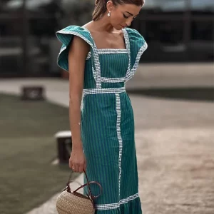 Plaid Fly Sleeve Long Dress | Square Collar Patchwork Dresses | 2024 Spring Fashion for Women