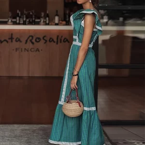 Plaid Fly Sleeve Long Dress | Square Collar Patchwork Dresses | 2024 Spring Fashion for Women