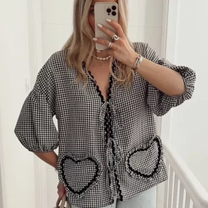 Plaid Heart Pockets Bow Lace-Up V-Neck Women's Blouse