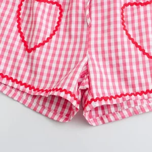 Plaid Lace Up Women Shorts Set with Pink Blouse & Wide Leg Pants