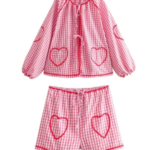 Plaid Lace Up Women Shorts Set with Pink Blouse & Wide Leg Pants