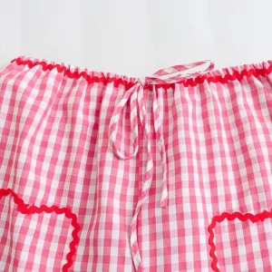 Plaid Lace Up Women Shorts Set with Pink Blouse & Wide Leg Pants