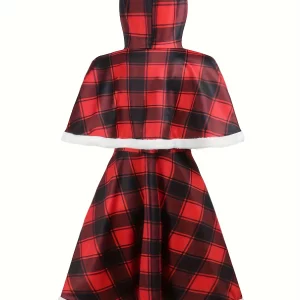 Plaid Print Hooded Shawl Dress for Plus Size Women