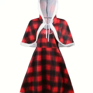 Plaid Print Hooded Shawl Dress for Plus Size Women