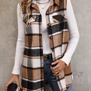 Plaid Print Sleeveless Coat for Women Plus Size