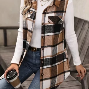 Plaid Print Sleeveless Coat for Women Plus Size