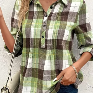 Plaid Print Women's Plus Size Button-Up Blouse