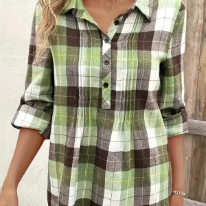 Plaid Print Women's Plus Size Button-Up Blouse