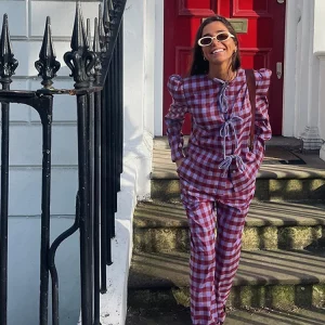 Plaid Two Piece Set: Loose O-neck Puff Sleeve Shirt & Wide Leg Pants