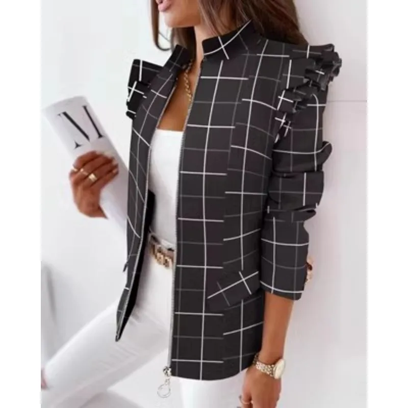 Plaid Zipper Flounce Coat | Autumn Winter Slim Fit Stand Collar Jacket